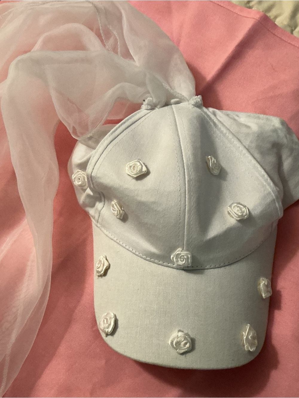 White Floral Embellished Baseball Cap - Women Accessories